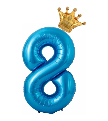 Balon din Folie Metalizata Flippy, Figurina Cifra si Coroana, Tema Aniversare 100 cm, Ambalaj Individual, Pai inclus, Umflare cu Aer sau Heliu, Albastru, Cifra 8