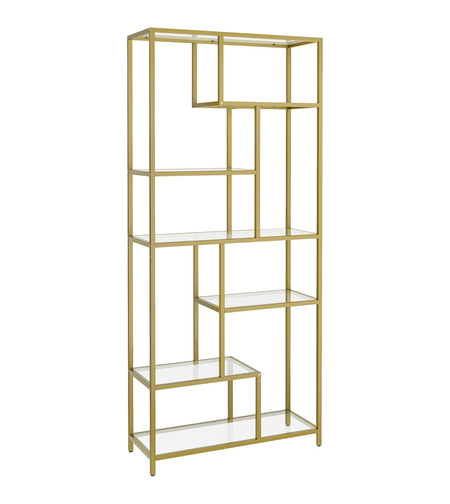 VASAGLE Biblioteca cu 6 polite din sticla securizata si cadru din otel, 80x30x180 cm, auriu