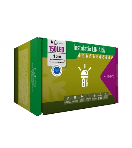 Instalatie Craciun, 15 m, 150 Led-uri ,Liniara, Albastru, 8 jocuri de lumini, Transformator cu telecomanda, Interconectabila, Prelungitor 3 m inclus, Fir Verde, Vafy