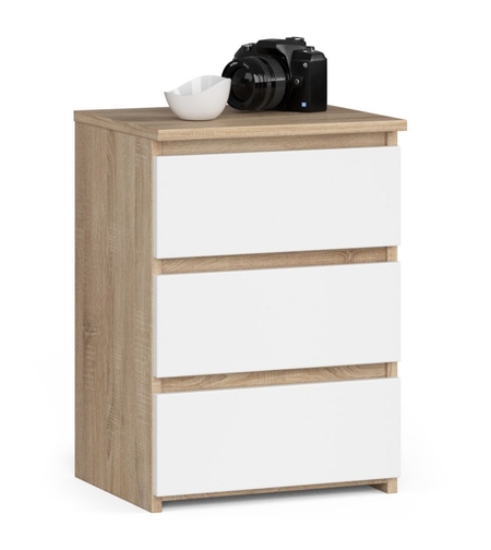 Noptiera cu 3 sertare, PAL laminat 16 mm, 40x35x57 cm, stejar sonoma si alb
