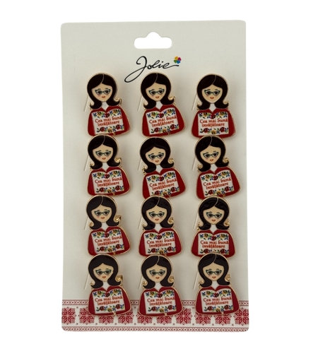 Set 12 Brose Martisor Primavara, Jolie, Model Fata, Mesaj Cea Mai Buna Invatatoare, Multicolor