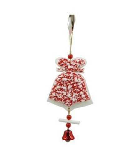 Ornament de brad clopotel din tweed, Flippy, alb/rosu, lemn, 18 cm