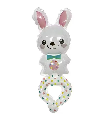 Balon din Folie Metalizata, Vafy, Figurine Animalute, Tip Bratara, Model Iepuras, Ambalaj Individual, Pai Inclus, Umflare cu Aer sau Heliu, Alb