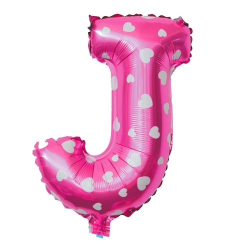 Balon Folie Metalizata Litera J, Flippy, 40 cm, Cu Imprimeu Inimioare, Umflati cu Heliu sau Aer, Ambalaj Individual, Pai inclus, Roz