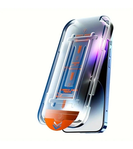 Folie de Protectie cu Instalare Rapida, Flippy, pentru Apple iPhone 15 Plus, Privacy Tempered Glass Easy Tool, Full Cover, Protectie Difuzor, HD, Margini Negre, Transparent
