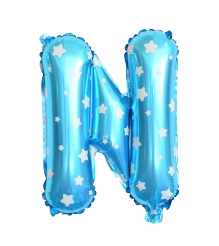 Balon Folie Metalizata Litera N, Flippy, 40 cm, Cu Imprimeu Stelute, Umflati cu Heliu sau Aer, Ambalaj Individual, Pai inclus, Albastru