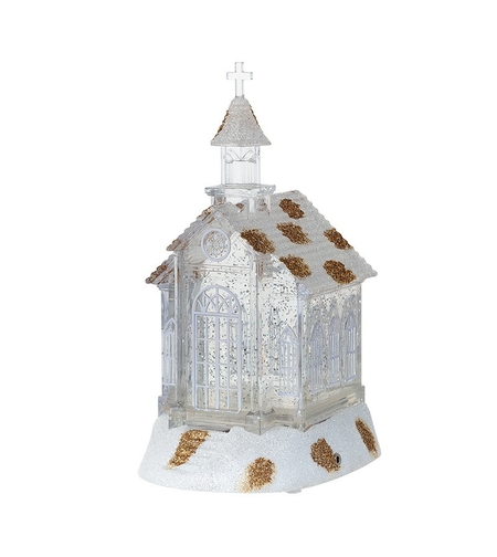 Decoratiune de Craciun, Flippy, Model Bisericuta Transparenta cu Sclipici, Iluminare LED si Efect Zapada, 22 x 13 x 11.5 cm, Alb Transparent