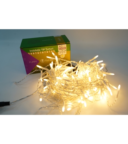 Instalatie de Craciun Flippy® Tip Turturi, Franjuri cu Flash, Sectiune 4 m, 132 LED-uri, Interconectabila, Fir Transparent, Alb Cald