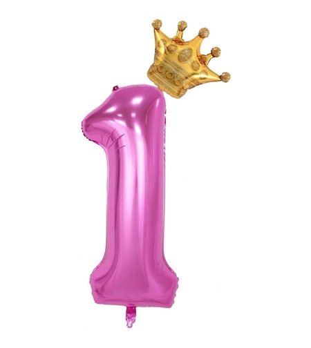 Balon din Folie Metalizata Flippy, Figurina Cifra si Coroana, Tema Aniversare 100 cm, Ambalaj Individual, Pai inclus, Umflare cu Aer sau Heliu, Roz, Cifra 1