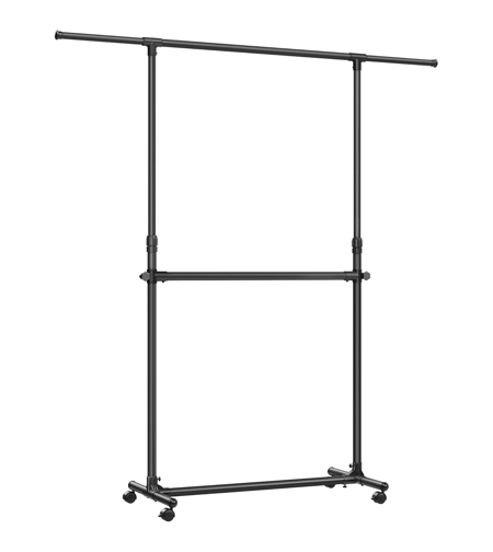 SONGMICS Suport haine cu doua bare, roti blocabile, inaltime reglabila, cadru metalic, 101x49x113-180 cm, negru