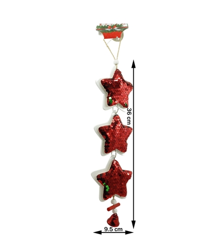 Ornament de brad trei stele cu paiete, Flippy, rosu, lemn, 36 cm