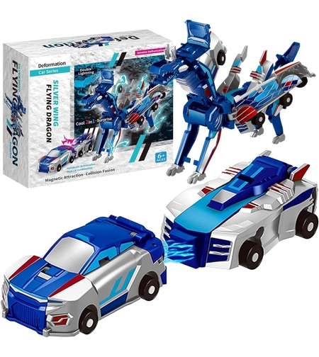 Jucarie Transformabila 2in1, Flippy, Silver Wing Flying Dragon, Masina/Dragon, Atractie Magnetica, +6 Ani, din ABS, Albastru