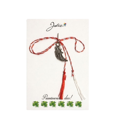Martisor Traditional, Jolie, Model Aripa, cu Snur Impletit Alb/Rosu, 8.5 x 5.5 cm, Argintiu