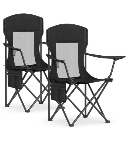 SONGMICS Set 2 scaune pliabile camping cu spatar inalt si suport bauturi, husa transport, 150 kg, 52x87x97 cm, negru