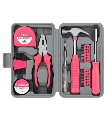 Set Scule 24 piese pentru Uz Casnic, Vafy, Instrumente Set in Trusa de Plastic Gri, din Plastic si Metal, 20 x 12.5 x 3 cm, Roz
