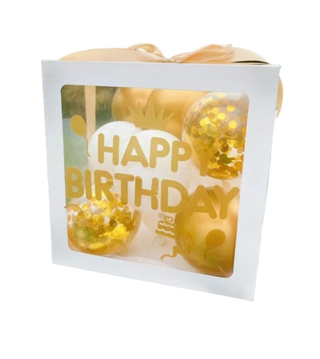 Cutie pentru Baloane, Flippy, Tematica Aniversare, Model Scris Happy Birthday, Baloane Aurii, Albe si Panglica Incluse, Contur Alb, Transparenta, 30x30 cm
