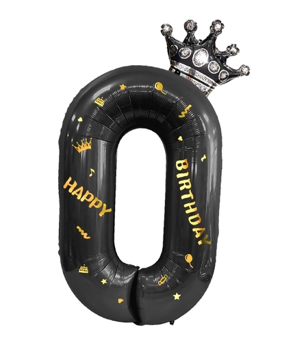 Balon din Folie Metalizata Flippy, Figurina Cifra si Coroana, Scris Happy Birthday, Tema Aniversare 100 cm, Ambalaj Individual, Pai inclus, Umflare cu Aer sau Heliu, Negru, Cifra 0
