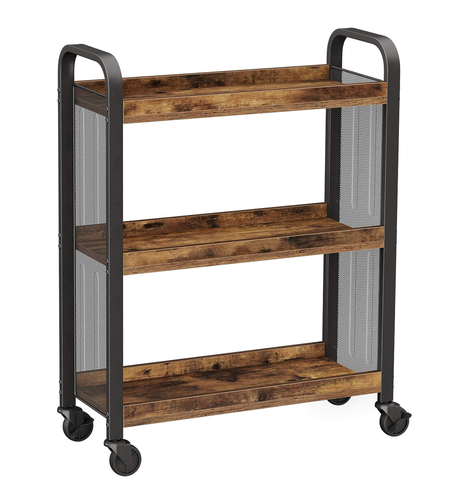 VASAGLE Carucior de servire pe roti pentru bucatarie, cu 3 polite, stil industrial, 26x66x85cm, maro rustic