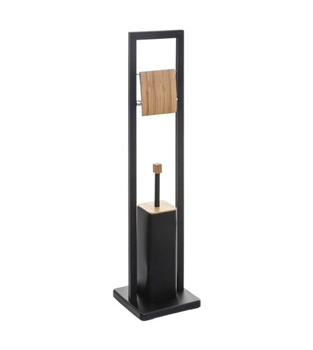 Suport WC cu perie 5Five Natureo, cu suport hartie igienica, metal si bambus, 20x20x80 cm, negru