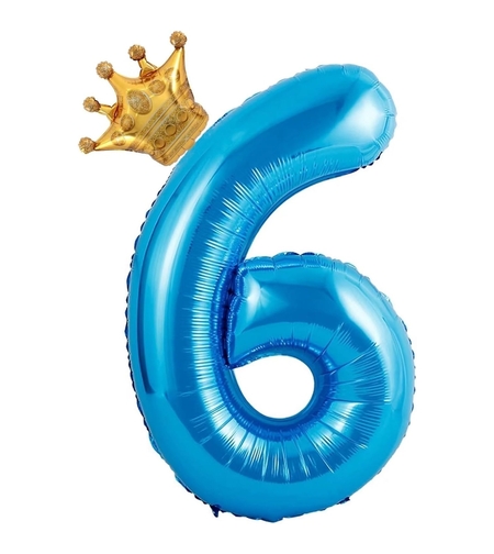 Balon din Folie Metalizata Flippy, Figurina Cifra si Coroana, Tema Aniversare 100 cm, Ambalaj Individual, Pai inclus, Umflare cu Aer sau Heliu, Albastru, Cifra 6
