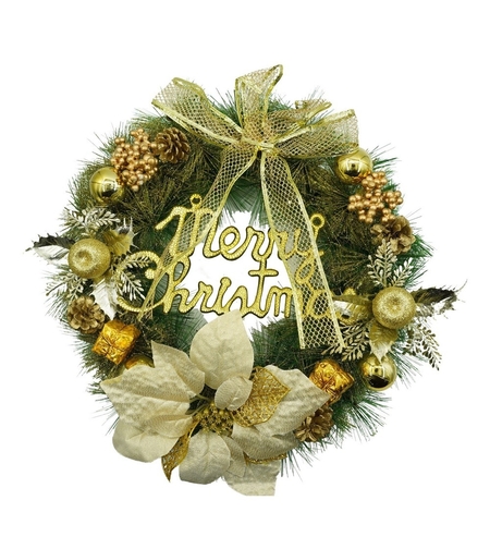 Coronita de Craciun pentru usa, Verde-Auriu, 40 cm, PVC, Artificiala, Decorata, Interior/Exterior, Flippy