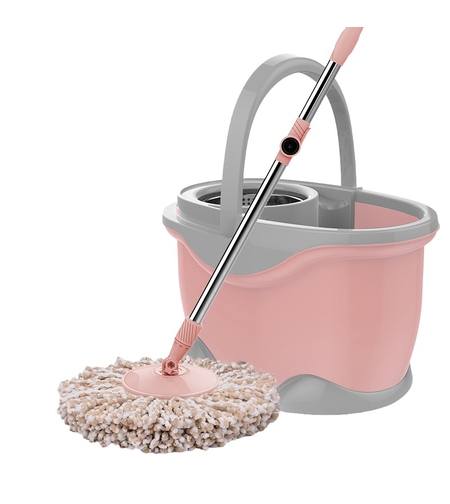 Set Galeata si Mop Rotativ 360°, Flippy, Cu Dubla Actiune Centrifuga, Pentru Uz Casnic, Maner din Otel Inoxidabil Telescopic, 2 Capte din Bumbac, 46x27x29 cm, Roz