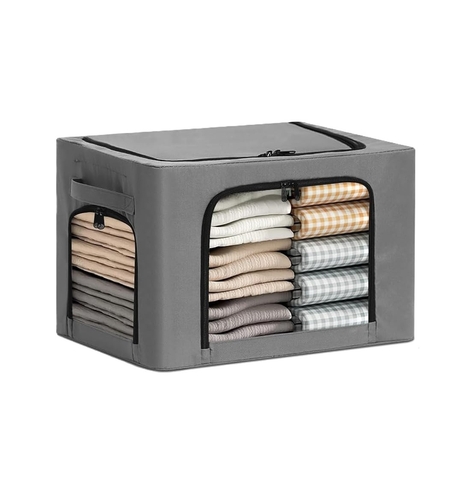 Cutie de Depozitare, Vafy, cu 3 Ferestre cu Fermoar Bidirectional, Cadru din Otel, Impermeabil, 38L, 42 x 30 x 30 cm, Gri Inchis