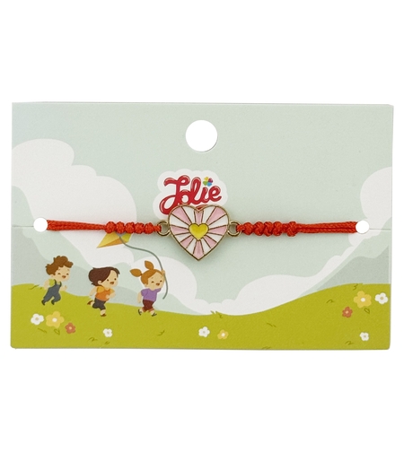 Martisor Bratara pentru Copii, Jolie, Model Inima, din Metal Auriu cu Snur Impletit Rosu, Roz