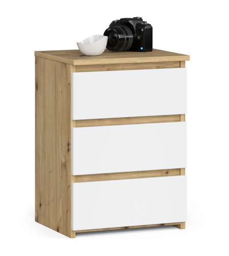 Noptiera cu 3 sertare, PAL laminat 16 mm, 40x35x57 cm, stejar artisan si alb