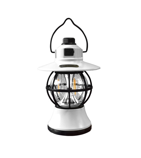 Lampă de camping retro portabilă, Felinar Vintage LED ABS, Acumulator inclus 1200 mAh, reincarcabila, 20 cm inaltime, 3 moduri de iluminare, intensitate reglabila,Lampa portabila pentru cort în aer liber, Alb