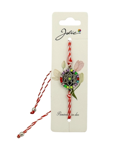 Martisor Bratara Snur Alb-Rosu, Jolie, Pandantiv Metalic, Model Floare Colorata