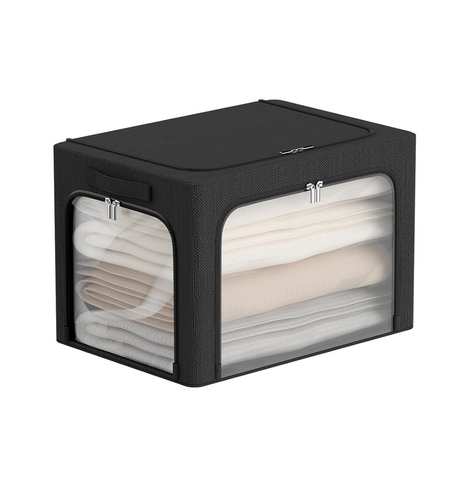 Cutie de Depozitare, Vafy, cu 3 Ferestre cu Fermoar Bidirectional, Cadru din Otel, Impermeabil, 38L, 42 x 30 x 30 cm, Negru