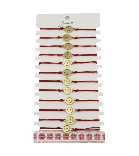 Bratara Martisor pentru Dama, Jolie, Model Luna cu Stele, Set 12 bucati, Pandativ din Inox Auriu, Snur Ajustabil Impletit, Rosu
