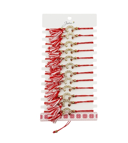 Martisor Bratara cu Ciucure pentru Dama, Jolie, Model Potcoava Buburuza, Set 12 bucati, Pandativ din Inox cu Pietre, Snur Reglabil, Rosu/Alb