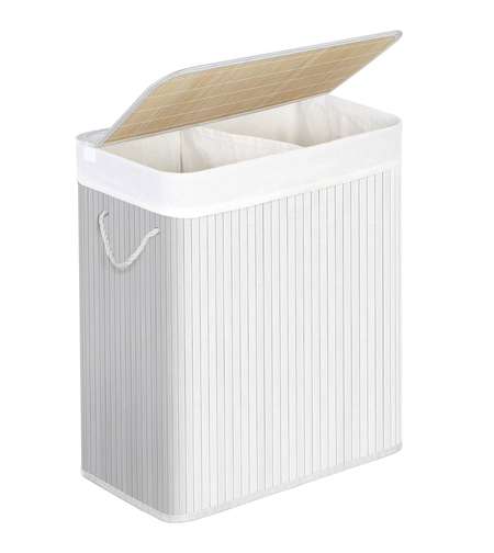 SONGMICS Cos de rufe din bambus cu capac, 2 compartimente, sac detasabil, volum 100L, 52x32x62cm, alb