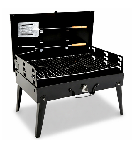 Gratar portabil pliabil tip valiza pentru camping, cu accesorii de gratar incluse, 45x30x30 cm