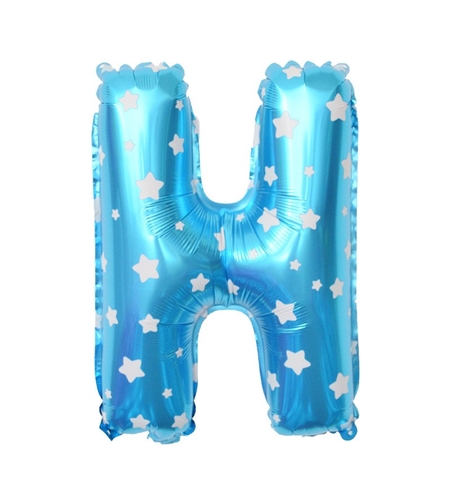 Balon Folie Metalizata Litera H, Flippy, 40 cm, Cu Imprimeu Stelute, Umflati cu Heliu sau Aer, Ambalaj Individual, Pai inclus, Albastru