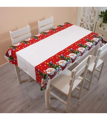 Fata de masa dreptunghiulara Flippy, PVC, 2.5 mm grosime, imprimeu Mos Craciun cu iepuras, potrivit pentru Craciun, utilizare multipla, 180 x 108 cm, alb
