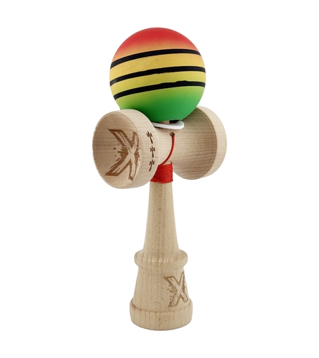 Kendama X Originala, Profesionala, Flippy, Rubber Grip, Cupe Mari KING SIZE V3, Gaura in Baza, Rulment Metalic, din lemn 18 cm, Ata 62/65 cm, Special Rosu/Galben/Verde