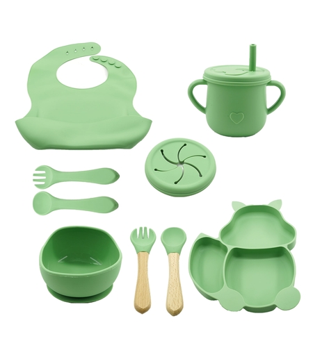 Set 10 piese diversificare bebelusi si copii din silicon Flippy, baveta, farfurie compartimentata cu ventuza, bol cu ventuza, tacamuri din lemn si silicon, cana pentru gustari, fara alergeni, verde