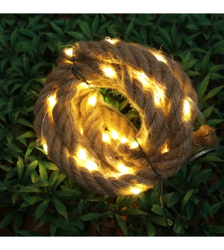 Instalatie Luminoasa, Flippy, cu Fir de Cupru, 3 m, 60 LED-uri, Model Sfoara de Canepa, cu Baterii, 8 Jocuri de Lumini, IP44, Alb Cald