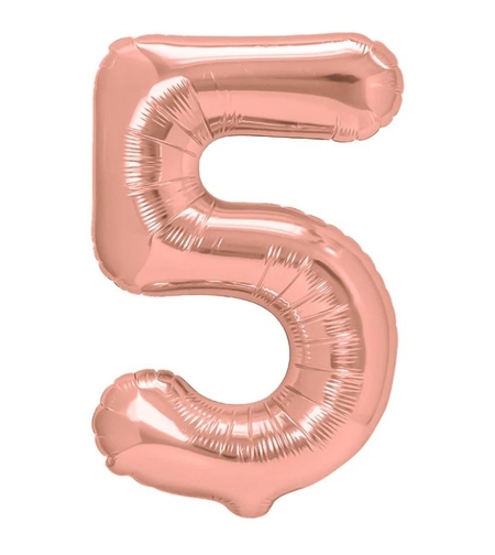 Balon din Folie Metalizata Flippy, Figurina Cifra, Tema Aniversare 40 cm, Ambalaj Individual, Pai inclus, Umflare cu Aer sau Heliu, Rose Gold, Cifra 5