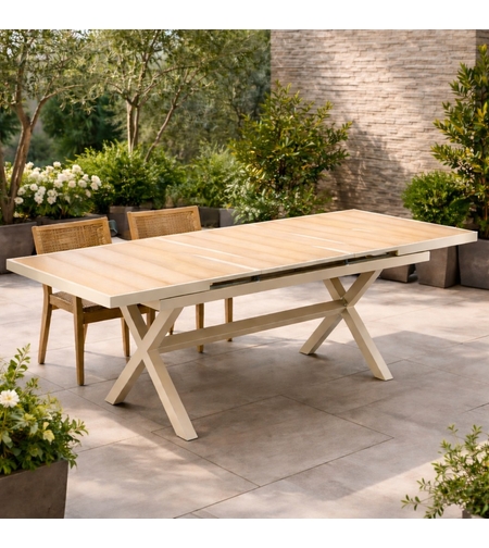 Masa gradina extensibila 180-240 cm din aluminiu cu blat aspect lemn, 180-240x90x76 cm, bej