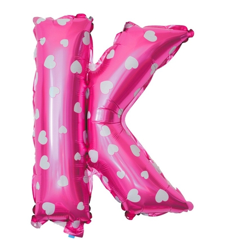Balon Folie Metalizata Litera K, Flippy, 40 cm, Cu Imprimeu Inimioare, Umflati cu Heliu sau Aer, Ambalaj Individual, Pai inclus, Roz