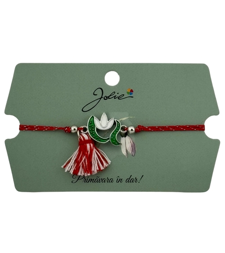 Martisor Bratara Ciucure, Jolie, Snur Rosu Reglabil, cu Pandantiv, Model Ghiocel