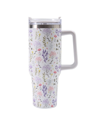 Cana Termos din Plastic, Flippy, pentru Bauturi Calde si Reci, cu Maner, Imprimeu Floral, Alb, 10x7.6x27.5 cm