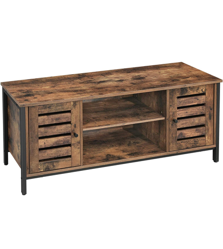 VASAGLE Comoda joasa pentru suport TV, cu rafturi si 2 spatii de depozitare cu usa, stil industrial, 110x40x50cm, maro rustic si negru