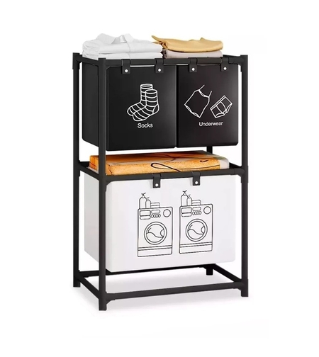 Cos de Rufe, Flippy, cu 2 Etaje, 3 Cosuri, Cadru de Otel Inoxidabil, 97x28x57 cm, Negru