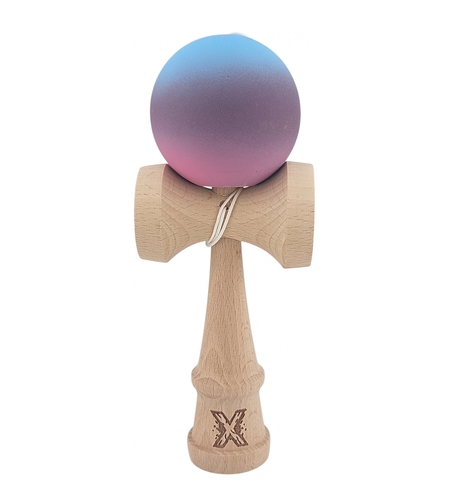 Kendama X Originala, Profesionala, Flippy, din Lemn, 18 cm, Rubber Grip, Gradient Albastru deschis/Mov/Roz