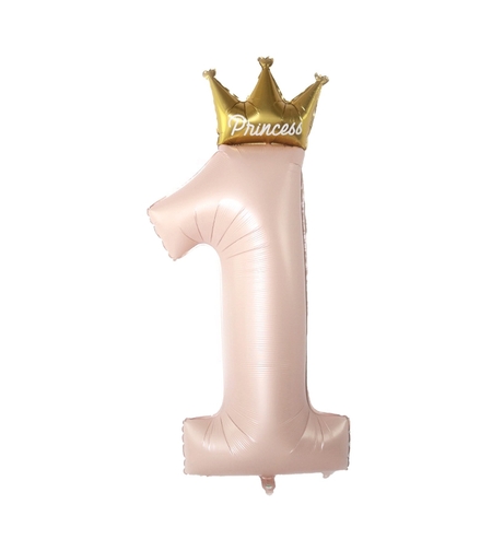 Balon din Folie Metalizata, Flippy, Figurina Cifra 1, Model Coroana Printesa, 91 cm, Ambalaj Individual, Pai inclus, Umflare cu Aer sau Heliu, Roz